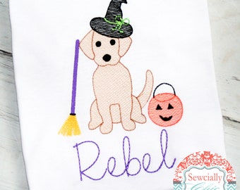 Puppy Halloween Tee, Girls Fall t-shirt, Preppy Halloween shirt, Halloween Shirt, Dog sketch embroidery shirt, Witch Dog shirt