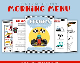 Feuilles de travail à imprimer pour le menu du matin en voiture de course pour l'école à la maison : feuilles de travail pour le programme de l'école à la maison, parfaites pour la maternelle, la maternelle