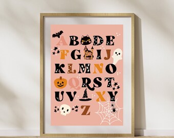 Affiche alphabet inspirée vintage d’Halloween, impression ABC, art mural éducatif imprimable, décor de classe à la maison, rentrée scolaire