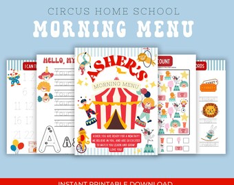 Feuilles de travail à imprimer pour le menu du matin du cirque pour l'école à la maison : feuilles de travail pour le programme de l'école à la maison, parfaites pour la maternelle, le préscolaire préscolaire, les savoirs traditionnels