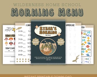 Feuilles de travail imprimables Wilderness Morning Menu pour l'école à la maison : fiches d'exercices pour le programme d'études à domicile, parfaites pour la maternelle, l'école maternelle préscolaire, les savoirs traditionnels