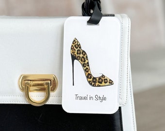 Leopard art luggage tag Shoe illustration Fun traveler gift Original fashion watercolor painting Jet travel essential Acrylic suitcase tag