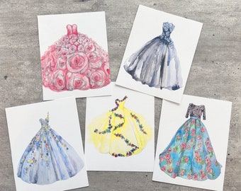 Fashion art dress notecards Unique gift idea Stationary lover present Watercolor gown painting Blank stationary set Fashion illustration