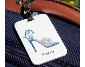 Pisces zodiac sign luggage tag Horoscope shoe art Astrology fashion illustration Watercolor painting Travel essential Gift for her
