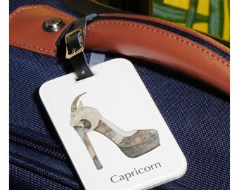 Capricorn zodiac sign luggage tag Horoscope shoe art Astrology fashion illustration Watercolor painting Travel essential Gift for her