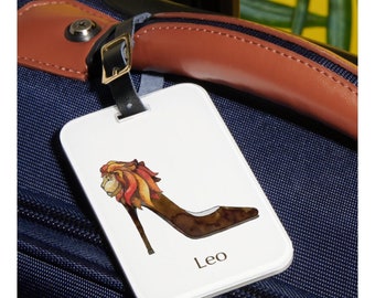 Leo zodiac sign luggage tag Horoscope shoe art Astrology fashion illustration Watercolor painting Jet travel essential Gift for her