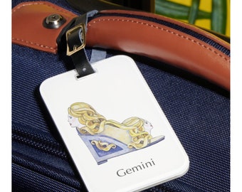 Gemini zodiac sign luggage tag Horoscope shoe art Astrology fashion illustration Watercolor painting Travel essential Gift for her