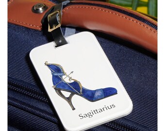 Sagittarius zodiac sign luggage tag Horoscope shoe art Astrology fashion illustration Watercolor painting Travel essential Gift for her