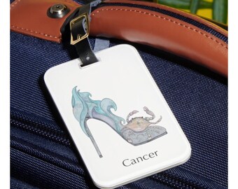 Cancer zodiac sign luggage tag Horoscope shoe art Astrology fashion illustration Watercolor painting Travel essential Gift for her
