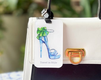 Fashion art luggage tag Shoe illustration Traveler gift idea Original watercolor painting Jet travel essential Acrylic suitcase tag