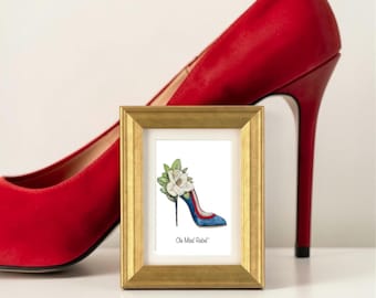 Ole Miss Rebel Mini Art Print – Watercolor Stiletto Shoe – Preppy College Dorm Decor