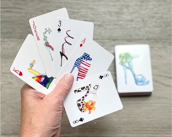 Shoe fashion art playing cards Gift idea for mom Bridge player present Poker game card set Watercolor painting Deck of cards with case