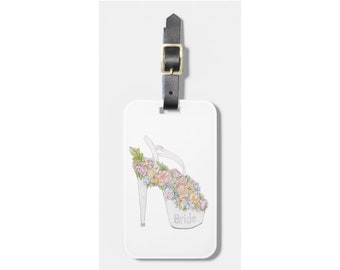 Bride luggage tag Shoe fashion artwork Wedding shower party gift Honeymoon trip tag Watercolor painting Jet travel essential Suitcase tag