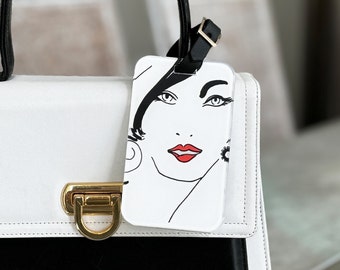 Fashion art luggage tag Lipstick illustration Traveler gift Original watercolor painting Jet travel essential Acrylic suitcase tag