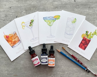 Fun cocktail art notecards Cocktail lover present Drink lover gift idea Boxed blank paper stationary set Watercolor painting illustration