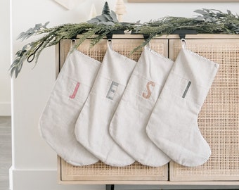 MADE TO ORDER | Personalized Minimal Christmas Stocking, Linen Stocking, Farmhouse Stocking, Neutral Stocking