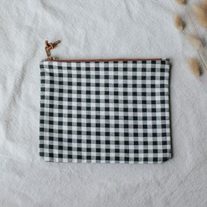 Black and White Gingham Makeup Bag, Medium Checkered Cotton Zipper Pouch, Cosmetic Travel Accessory Case, 7.5x6 inches