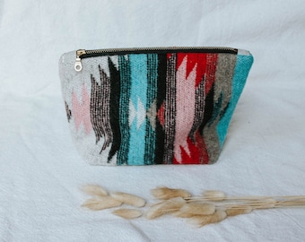 Medium Wool Makeup Pouch | Sky Blue, Red, Brown, Pink Southwest Design