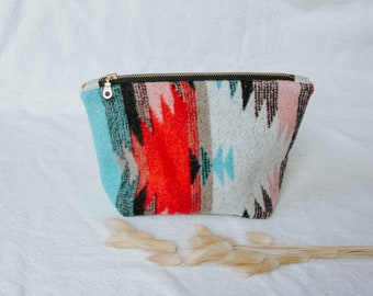 Medium Wool Makeup Pouch | Sky Blue, Red, Brown, Pink Southwest Design
