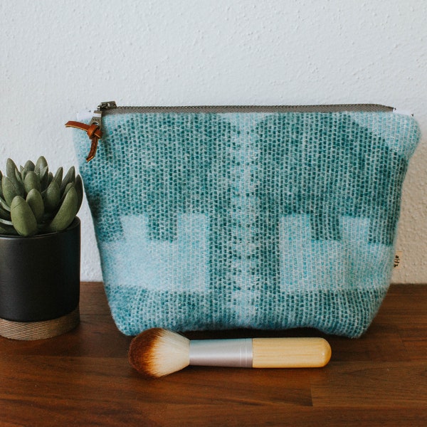 Medium Turquoise Blue Tribal Aztech Pattern Wool Blend Makeup Bag Pouch