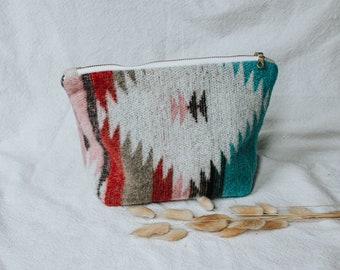 Large Wool Makeup Pouch | Sky Blue, Red, Brown, Pink Southwest Design