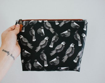 Large Black Bird Makeup Cosmetic Makeup Bag Pouch