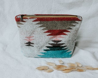 Large Wool Makeup Pouch | Sky Blue, Red, Brown, Pink Southwest Design