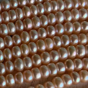 May include: Close-up of strands of lustrous, peach-colored pearls. The pearls are oval-shaped and arranged in neat rows, reflecting light with a subtle iridescence. The image showcases the natural beauty and texture of the pearls.