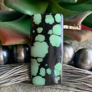 May include: A rectangular, polished stone with a black base and irregular, light green patterns. The stone is displayed against a backdrop of green foliage and silver beads, showcasing its natural beauty and unique design.
