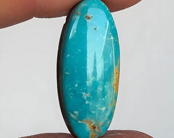 May include: A polished, oval-shaped turquoise gemstone. The stone is held between two fingers and displays a vibrant, light blue color with brown and tan veining. The gemstone is smooth and has a glossy finish.