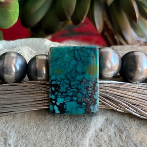 May include: A turquoise rectangular stone pendant with a black matrix, set on a silver beaded necklace. The necklace features silver beads and a strand of small silver tubes. The background includes silver spheres and green foliage.