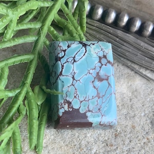 May include: A rectangular turquoise gemstone with a brown matrix pattern. The stone is set against a neutral background with green foliage and silver beads. The gemstone has a polished surface.