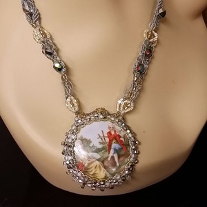 OOAK Micro Macrame Necklace  &quot;An Old Song For You&quot; Upcycled Antique Porcelain Courting Scene Cab with Crystals and Seed Beads