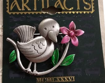 JJ Artifacts Whimsical Pewter Song Bird with Enamel Pink Flower Green Leaves New on Card 1986 Jonette Jewelry