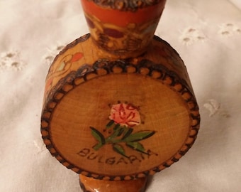 Bulgaria Wooden Perfume Holder Carved  Wood Burned Hand Painted Wooden Perfume Bottle