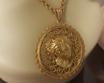 1970's Lucien Piccard Portrait Necklace Art Nouveau Style Gold Plated HUGE Rare Find