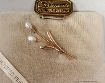 Vintage Krementz perlas cultivadas 14kt oro superposición pin nuevo viejo stock original tarjeta cultivada perlas cultivadas