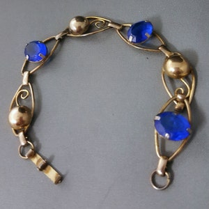 1940&#39;s Retro 12kt gf Cobalt Blue Faceted Glass Link Bracelet Art Deco Style GF Link Bracelet Blue Stones