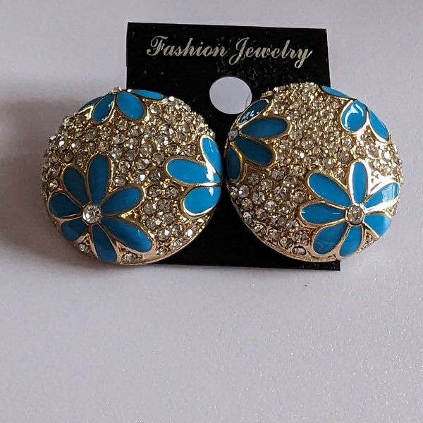 Kirks Folly Blue Enamel Daisy Pave Crystal Button Earrings Pierced Posts NWOT