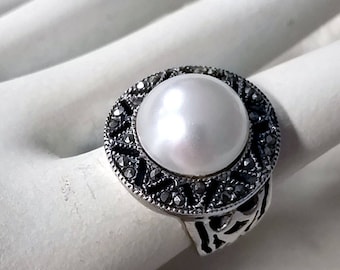 Bague Vintage Perle Et Marcassite En Argent Massif 925 - Taille 54, Ancienne, Occasion