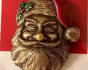 JJ Artifacts Santa Face Pin 1986 Brass Enamel Antique Finish New on Card
