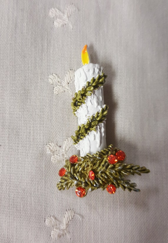 1970's Vintage Christmas Candle Pin Brooch Signed… - image 2