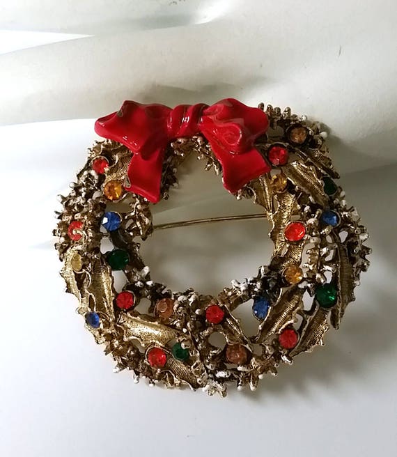 1960s Signed ART Rhinestone and Red Enamel Bow Ch… - image 6