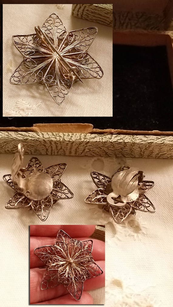 1930s / 40s Silver Filigree Pin Brooch Clip Earri… - image 3