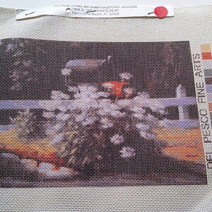 Vtg 1970s Hand Painted Needlepoint Canvas Fence Mailbox Flowers Del Pesco Fine Arts