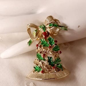 Vintage Gerry's Christmas Bell Pin Shiny Gold Tone Green Enamel Red Holly Berries 1970s image 2