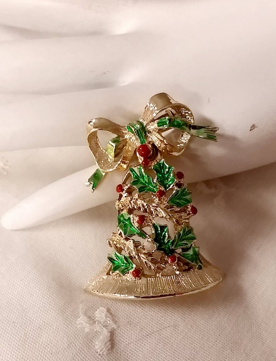 Vintage Gerry's Christmas Bell Pin Shiny Gold Ton… - image 2