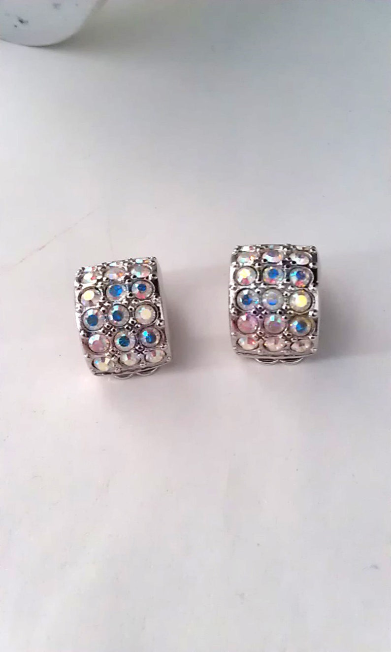 Swarovski Crystal AB Rhinestone Earrings Clip Swan Logo Silver Etsy