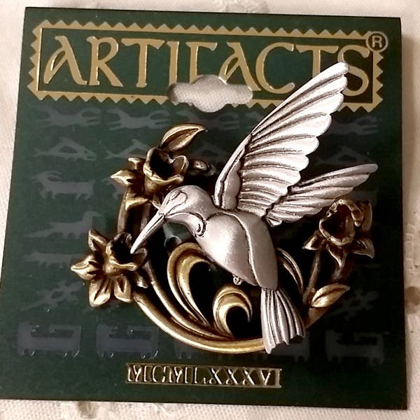 Vintage JJ Artifacts Brass & Pewter Hummingbird Pin Brooch New on Card 1986 NOS