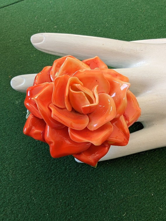 1960's Plastic Bright Orange Rose Translucent Enam